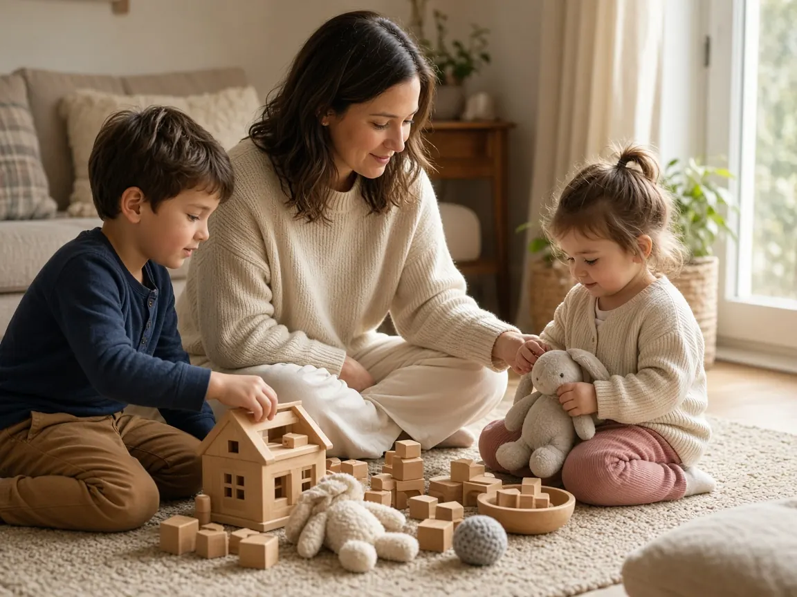 Une professionnelle joue au sol, à la maison, avec deux jeunes enfants.